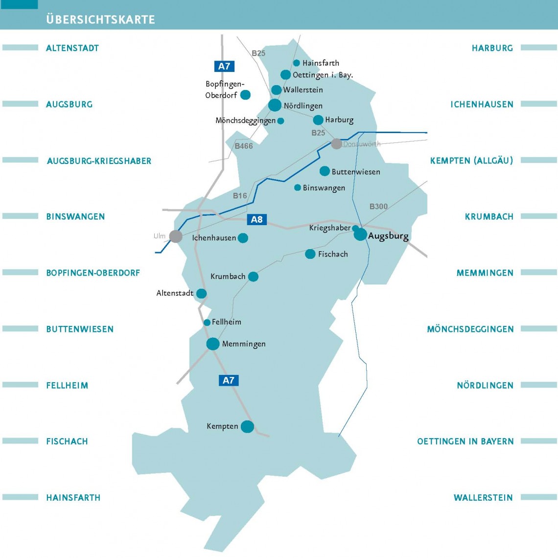 &Uuml;bersichtskarte von Bayerisch-Schwaben in der die Netzwerkorte markiert sind.